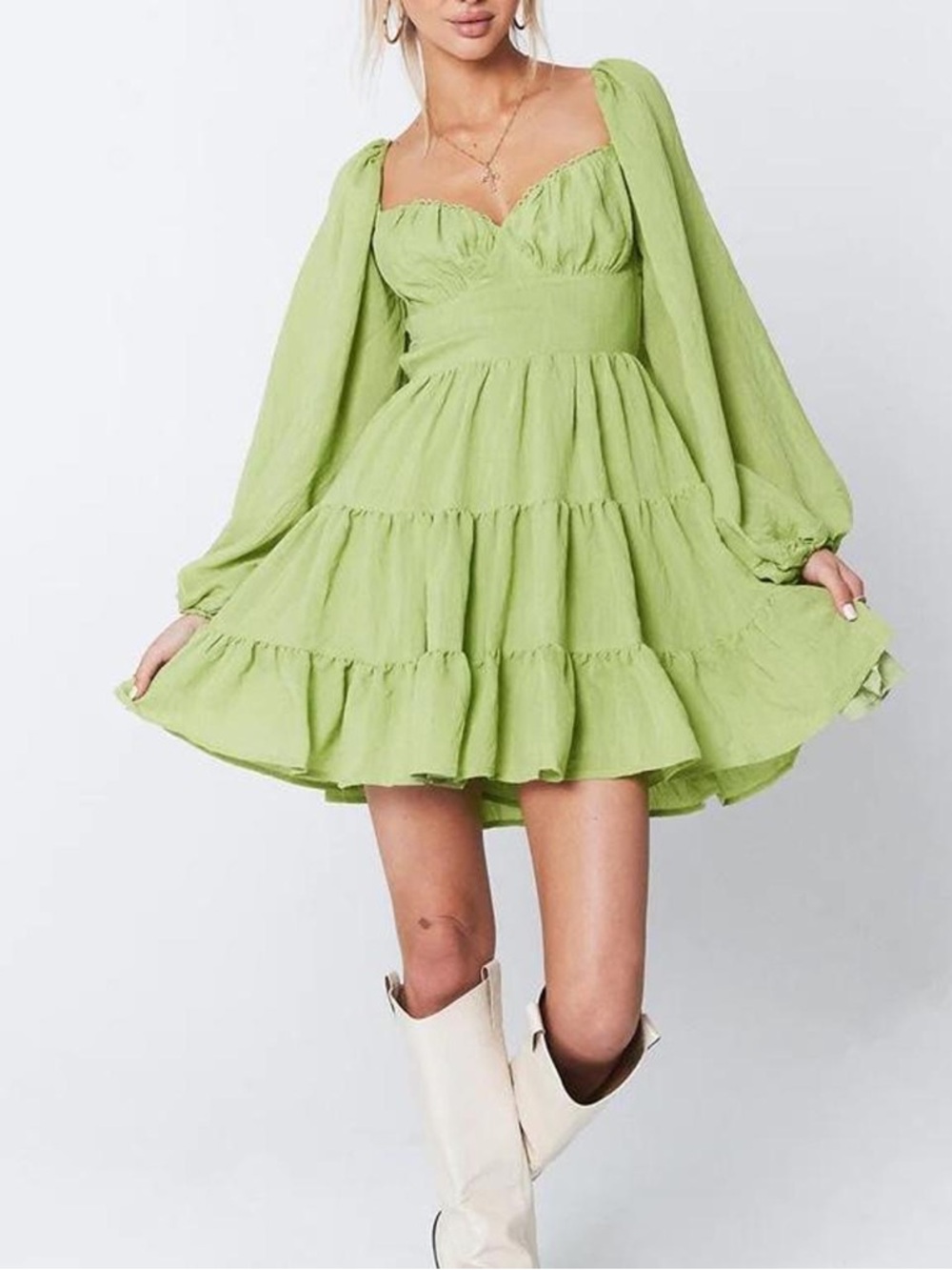 Princess Polly Danny Tiered Green Long Sleeve Dress Mini Garden Fairy